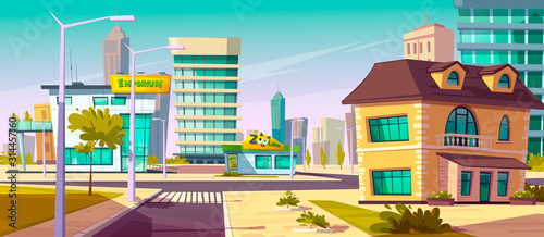 Urban street landscape with shopping mall and residential buildings in background, cartoon vector. Cityscape with crossroads, sidewalk, building facades, pet-shop, town poster