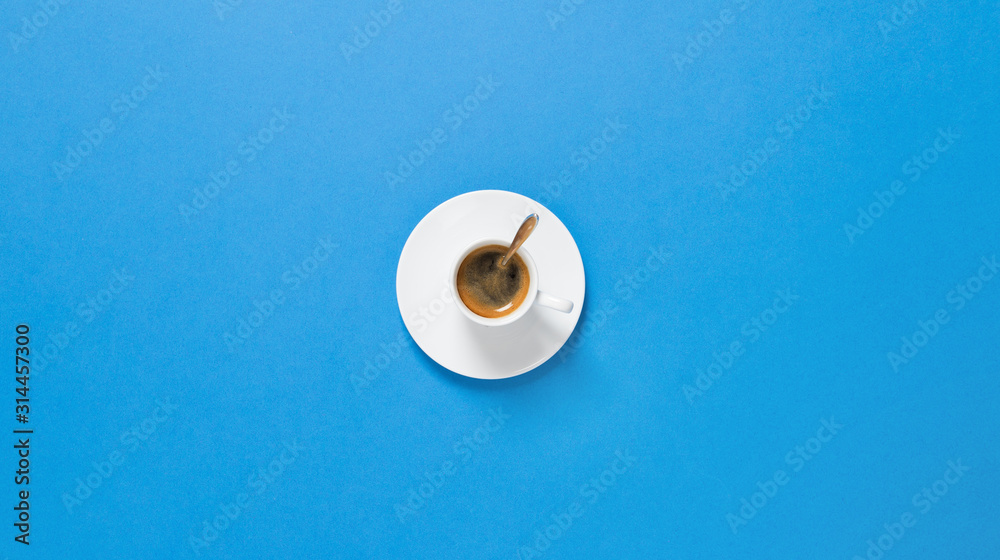 Coffee blue background Flat lay banner