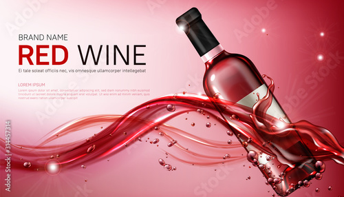 Wine glass bottles in flowing red liquid realistic vector illustration. Clear winery bottle for alcohol, closed with cork in red wawy water splash with drops and bubbles, advertising magazine