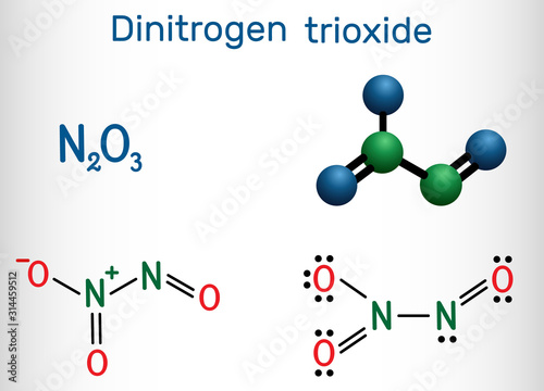 Dinitrogen trioxide , N2O3 molecule. Structural chemical formula and molecule model