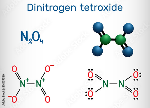 Dinitrogen tetroxide , N2O4 molecule. Structural chemical formula and molecule model.