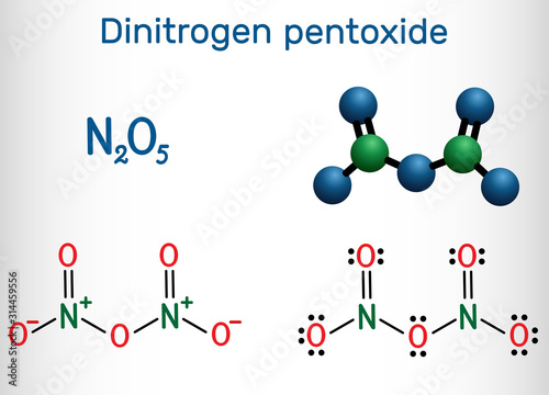 Dinitrogen pentoxide , N2O5 molecule. Structural chemical formula and molecule model