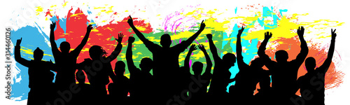 People celebrate silhouette. Cheer youth. Crowd friends cheer. Colorful background vector illustration