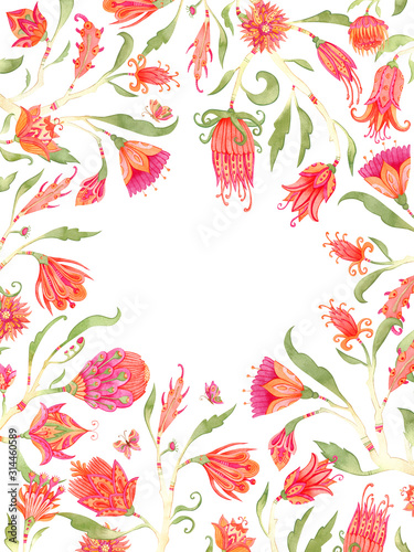 Festive composition of watercolor paradise flowers. Beautiful background with blank space in the middle. Fairytale folklore hand painted illustration. Floral frame.