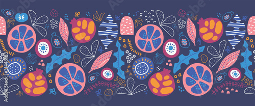 Seamless border abstract tropical leaves and fruit. Repeating pattern with stylized foliage fruit halves and shapes. Blue, yellow, orange pink white summer design. Use for banner, header, footer