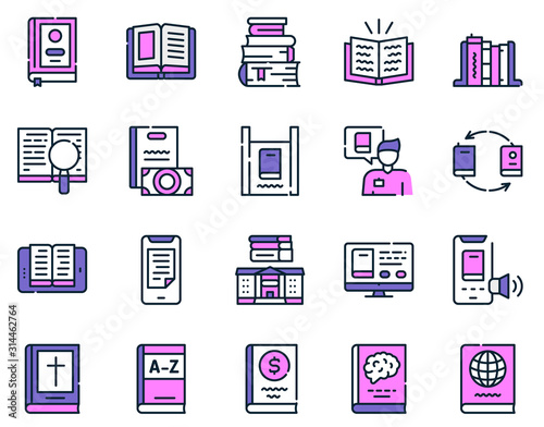 Books reading color linear vector icons set