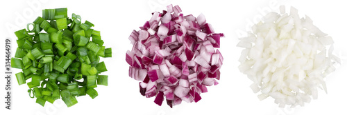 Obraz na plátně Heap of diced red, green, white onion