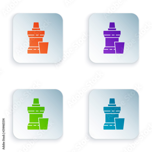 Color Mouthwash plastic bottle and glass icon isolated on white background. Liquid for rinsing mouth. Oralcare equipment. Set icons in square buttons. Vector Illustration