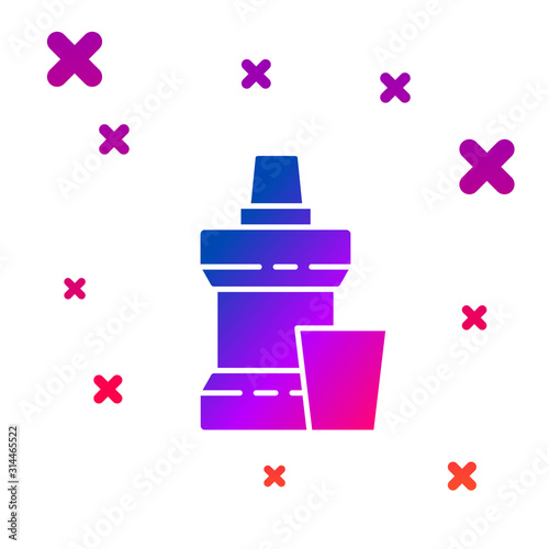 Color Mouthwash plastic bottle and glass icon isolated on white background. Liquid for rinsing mouth. Oralcare equipment. Gradient random dynamic shapes. Vector Illustration