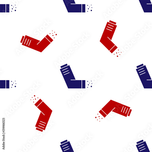 Blue and red Inhaler icon isolated seamless pattern on white background. Breather for cough relief, inhalation, allergic patient. Medical allergy asthma inhaler spray.  Vector Illustration