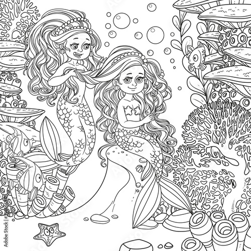Cute girl mermaid plait braids friend mermaid on underwater world with corals background outlined