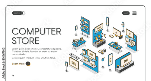 Computer store isometric landing page. Empty mall interior with electronic production on shelves, game panels, monitors and gadgets for gaming, counter desk 3d vector line art illustration, web banner