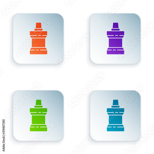 Color Mouthwash plastic bottle icon isolated on white background. Liquid for rinsing mouth. Oralcare equipment. Set icons in square buttons. Vector Illustration