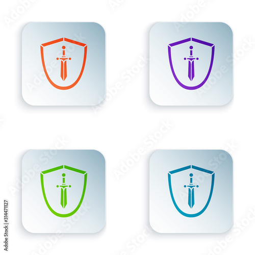 Color Medieval shield with sword icon isolated on white background. Set icons in square buttons. Vector Illustration