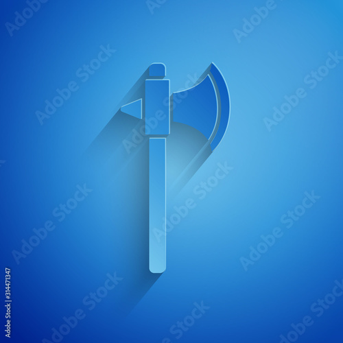 Paper cut Medieval axe icon isolated on blue background. Battle axe, executioner axe. Paper art style. Vector Illustration