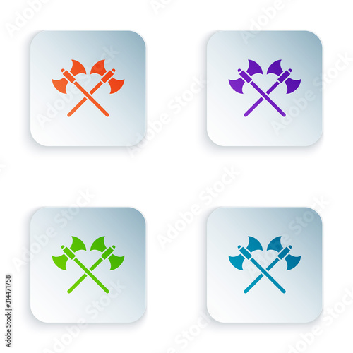 Color Crossed medieval axes icon isolated on white background. Battle axe, executioner axe. Set icons in square buttons. Vector Illustration