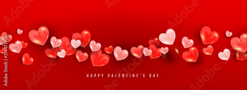 Valentines day background with 3D volum balloon hearts of different sizes and patterns on a red background with place for text. Can be used for poster, banner, greeting card, discount invitations photo