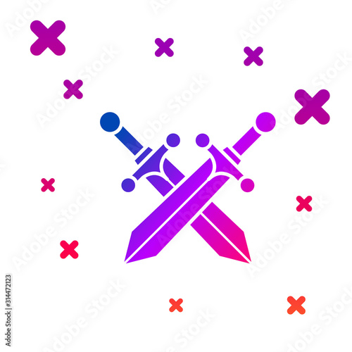 Color Crossed medieval sword icon isolated on white background. Gradient random dynamic shapes. Vector Illustration