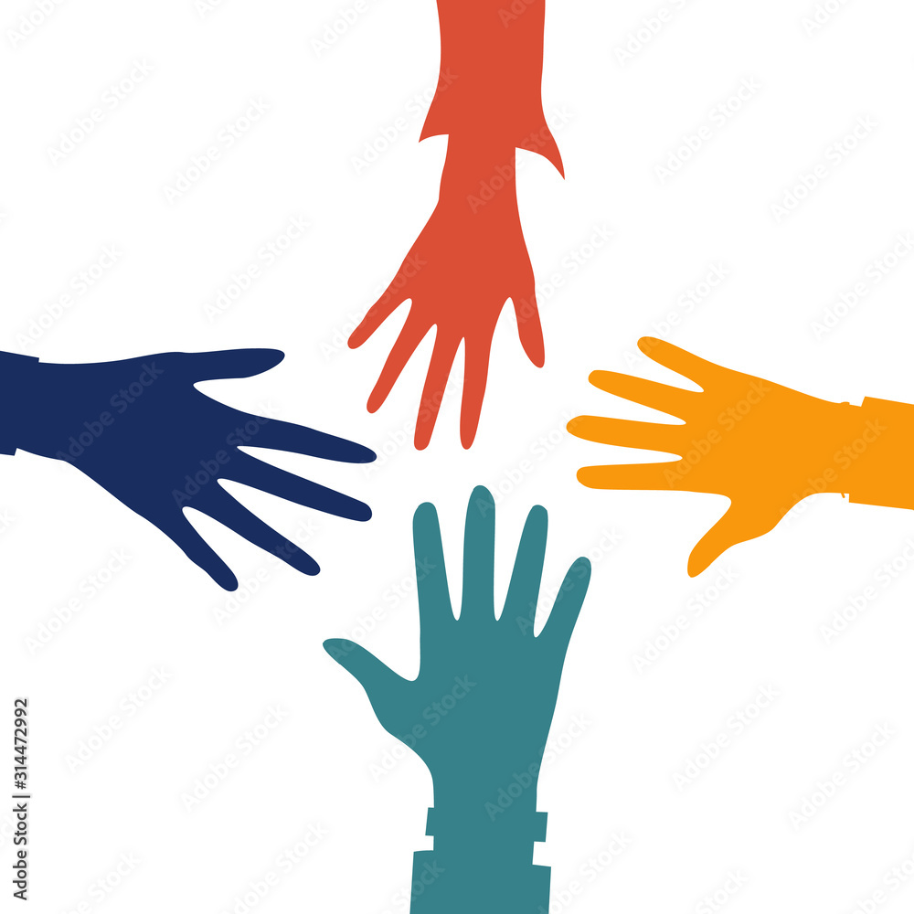 Helping Hands concept. Four Colorful Hands outstretched to each other. Flat style. Vector illustration