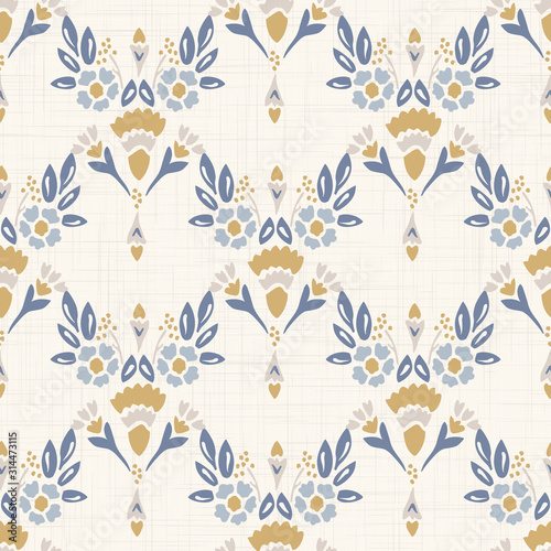 French shabby chic damask vector texture background. Dainty flower in blue and yellow on off white seamless pattern. Hand drawn floral interior home decor swatch. Classic farmouse style all over print