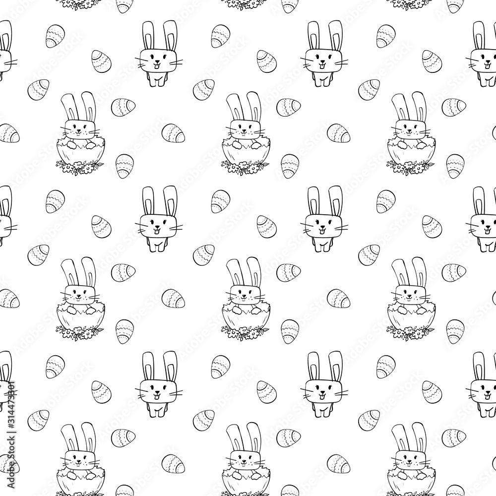 Vector illustration. Seamless pattern with Easter bunny sitting in the eggshell, Easter eggs, hearts. Cute animal drawn by a line with flowers and berries. Vector animals