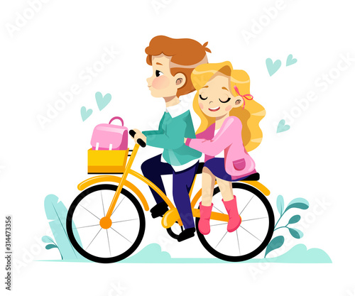 Young Loving Couple Riding Bicycle Together. Summer Time Vacation Sparetime, Leisure, Romantic Voyage. Love Relations. Flat style. Vector Illustration