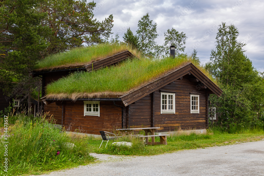 Tradtionial wooden eco cabins and green roof with moss and plants in Norway