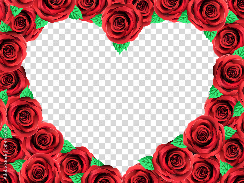 Red Rose Heart Photo Frame. Floral Top View Flat Lay Picture Frame. Elegant Vintage Roses With Leaves, Transparent Background. Love Greeting Anniversary Card. Wedding Gift.