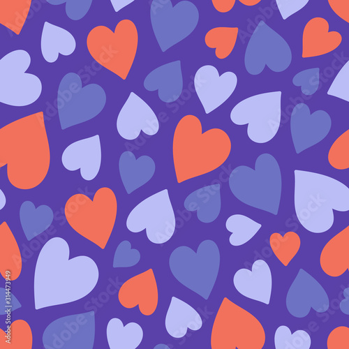 Cute hearts seamless pattern in trendy bright colors on a violet background. Flat and simple. Can be used as a wallpaper