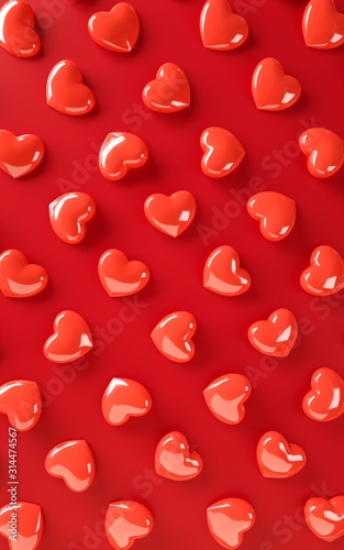 Valentines day hearts background pattern. Bold red color flat lay. Love celebration greeting card, poster, banner template for party 3d rendering illustration