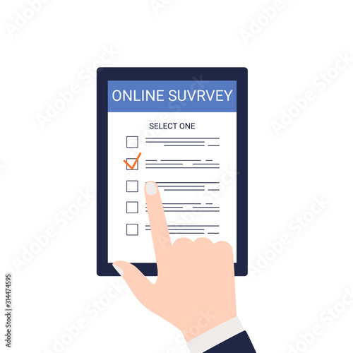 Smartphone screen and online survey. The male hand selects one answer from the ones listed. Filling an online test through the Internet, questionnaires. Flat vector illustration isolated on white back
