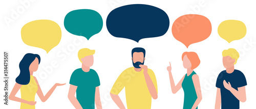 Group of people with speech bubble. Men and women communicate, talk, discuss, debate, reason, prove, chat, draw conclusions. Businessmen discuss news, social issues, negotiate. Vector illustration