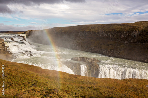 Landscape with big majestic Gullfoss waterfall in mountains in Iceland