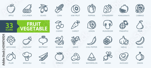 Fruits and vegetables - thin line web icon set. Outline icons collection. Simple vector illustration.