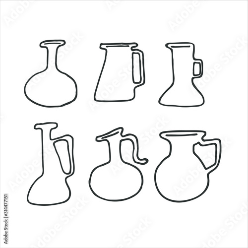 Line hand drawn icon set of kitchen utensils. Doodle cooking related objects. Items for menu jug  pitcher  jar  bowl. Dishware 