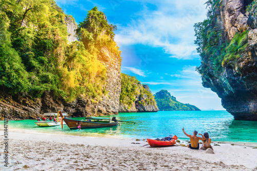 Landscape of nature scenic sea beach on small island in Krabi, Activity happy couple traveler, Travel Phuket Thailand, Tourism beautiful destination place Asia, Summer holiday outdoor vacation trips