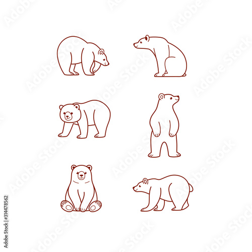 Cartoon animal icon set. Different poses of bear. Vector illustration for prints, clothing, packaging, stickers.