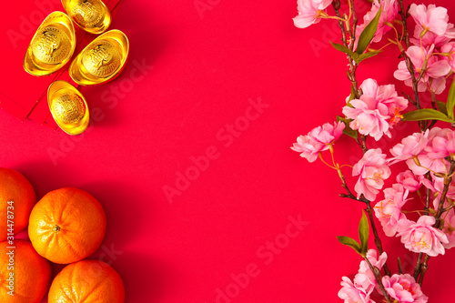 Chinese new year festival.Celebration Chinese new year or lunar new year.Chinese New Year Decoration.Text space images. (with the character "fu" meaning fortune Prosperity and Spring going smooth.