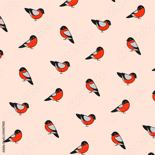 Simple trendy pattern with bullfinch. Cartoon illustration for prints, clothing, packaging and postcards.