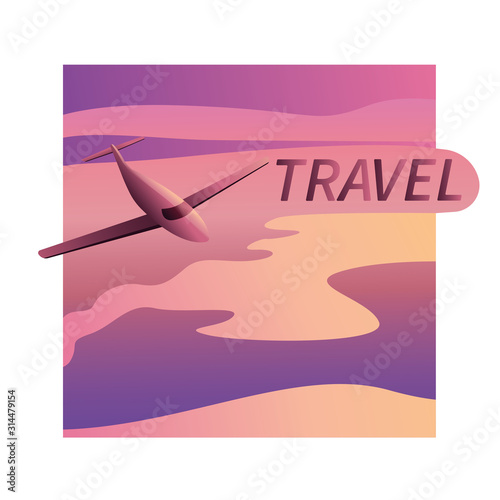 Aircraft vector, take-off plane against the background of the sunset sky, with space for text. Jet commercial airplane in full face. Air travel concept flying airliner. Vector illustration