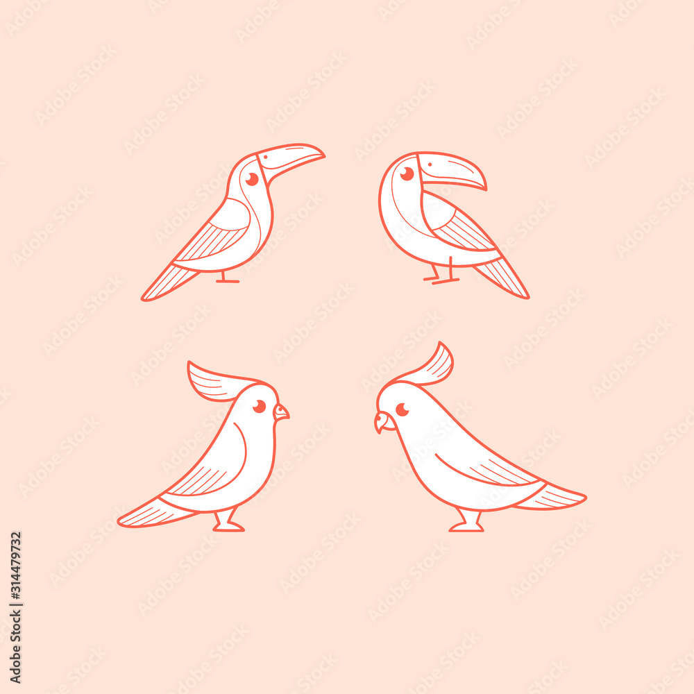 Obraz premium Cartoon cockatoo and toucan sketch line icon. Kawaii bird icons set. Childish print for nursery, kids apparel, poster, postcard, pattern.