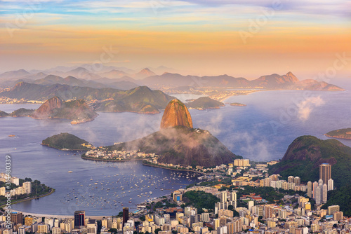 The mountain Sugarloaf and Botafogo in Rio de Janeiro at sunset, Brazil photo