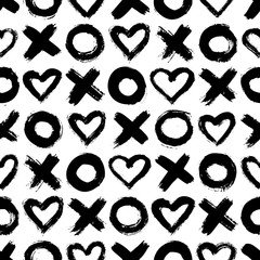 Fototapete Muster im skandinavischen Stil Nahtloses XOXO-Muster. Vektor Abstrakter Hintergrund mit Tintenbürstenanschlägen. Einfarbiger skandinavischer handgezeichneter Druck. Grunge-Textur mit Symbolen von Null, Kreuz und Herz.  © Sini4ka