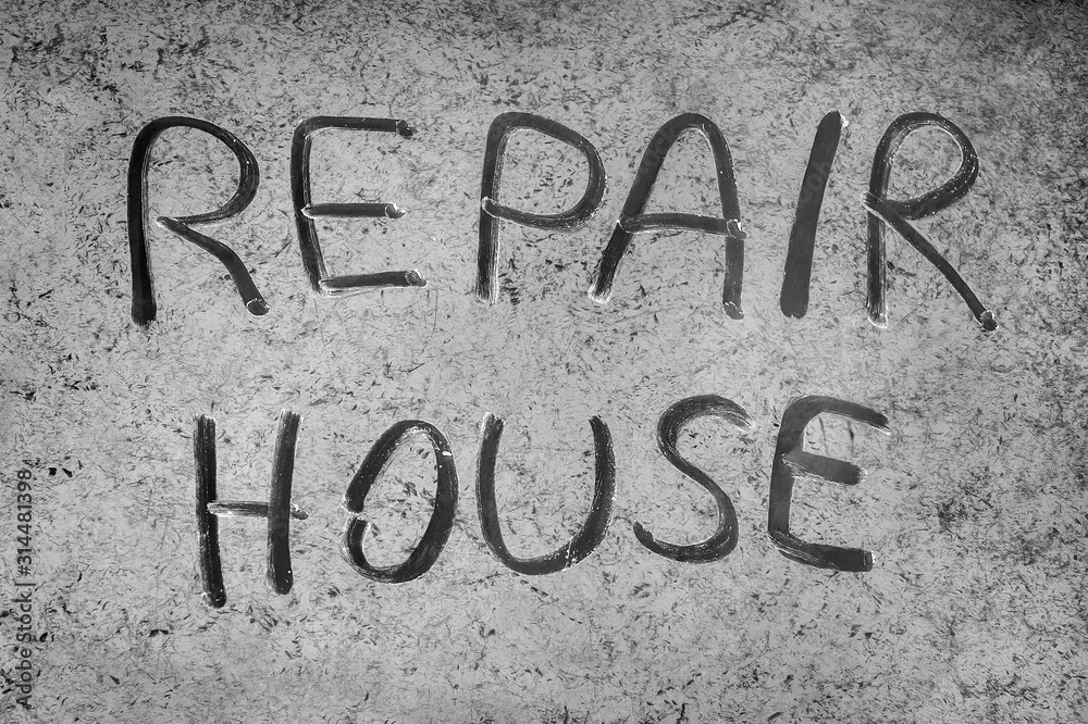 The inscription Home repair with a finger on dirty glass The inscription Home repair with a finger on dirty glass