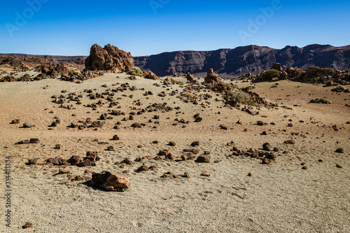 Volcanic rocks forming spectacular, martian landscape of Teide National Park in Tenerife, Spain. 