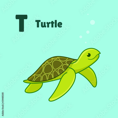 Cartoon turtle, cute character for children. Vector illustration in cartoon style for abc book, poster, postcard. Animal alphabet - letter T.