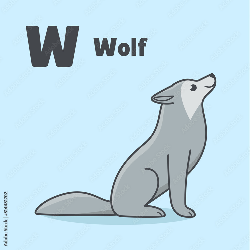 Cartoon wolf, cute character for children. Good illustration in cartoon style for abc book, poster, postcard. Animal alphabet - letter W.