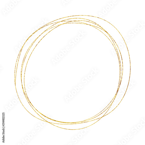 Gold Geometric Crystal Frame with Detailed Vector Foil Texture. Isolated Golden Thin Line Art or Outline Linear Circle Scribble Textured Frame. Art Deco and Modern Style. Sparkle Glitter Dust