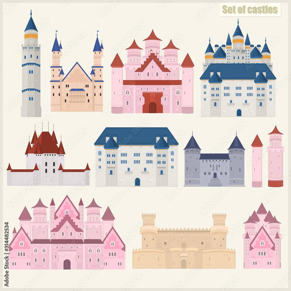 Set of various vector castles. on a light background. Historic castles.
