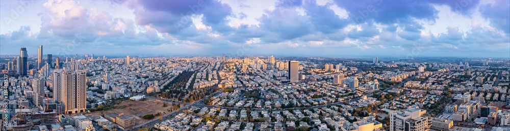 Aerial View On Tel Aviv, Givatayim And Ramat Gan Residential Area At Sunset - Panoramic Shot,